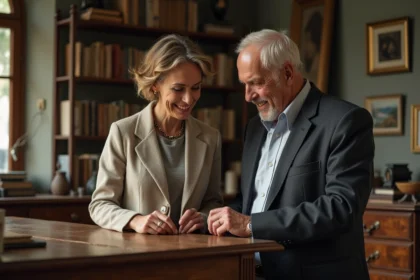 Une femme d'âge moyen et un homme âgé discutant dans un bureau vintage