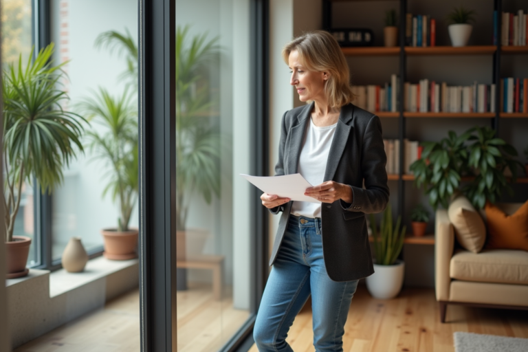 Femme d'âge moyen examine des documents immobiliers dans un salon moderne