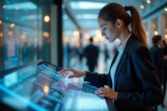 Jeune femme en business interactant avec un écran tactile lors d'une exposition