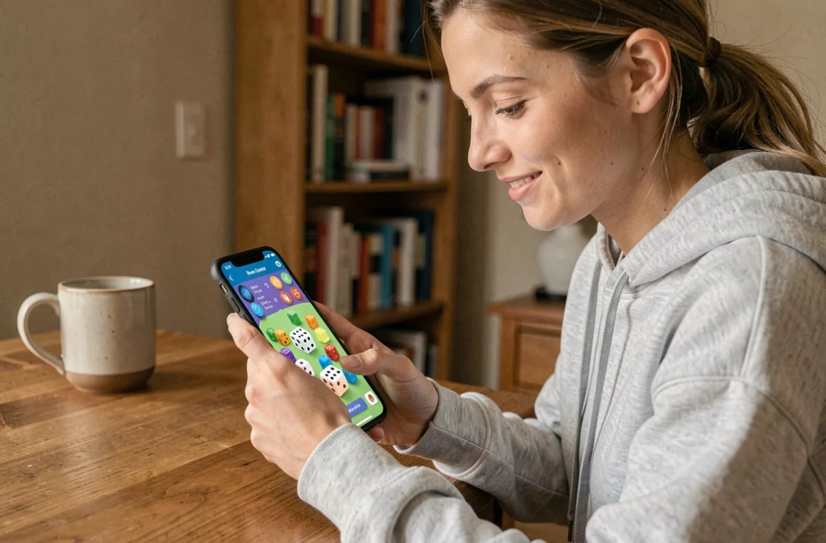 Jeune femme jouant à un jeu de plateau mobile sur smartphone pour obtenir des dés gratuits chaque jour