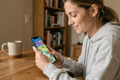 Jeune femme jouant à un jeu de plateau mobile sur smartphone pour obtenir des dés gratuits chaque jour