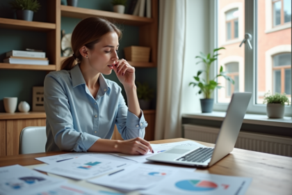 Femme en train de lire des papiers dans un appartement lumineux