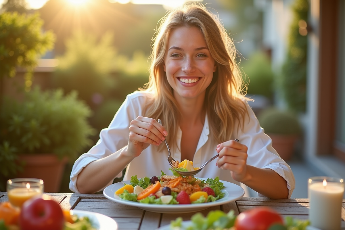 Jeune femme mangeant une salade colorée en plein air