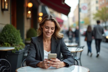 Femme mature d'une quarantaine d'années consultant une application de rencontre sur son smartphone en terrasse de café en ville