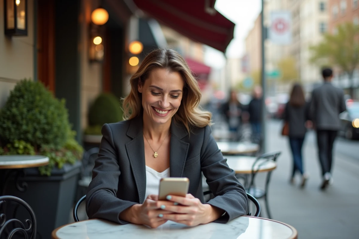 Femme mature d'une quarantaine d'années consultant une application de rencontre sur son smartphone en terrasse de café en ville