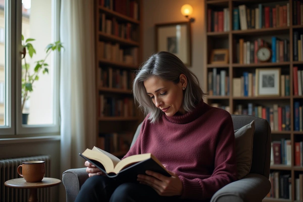 Femme mature lisant dans un appartement parisien cosy entouré de livres, illustrant l'intimité et la vie personnelle