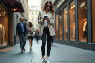 Femme modeuse en ville portant blazer et lunettes de soleil