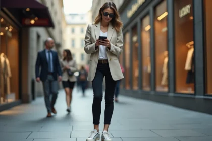 Femme modeuse en ville portant blazer et lunettes de soleil