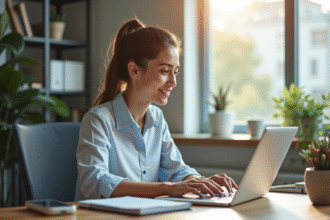 Jeune femme professionnelle créant un compte en ligne sur un ordinateur portable