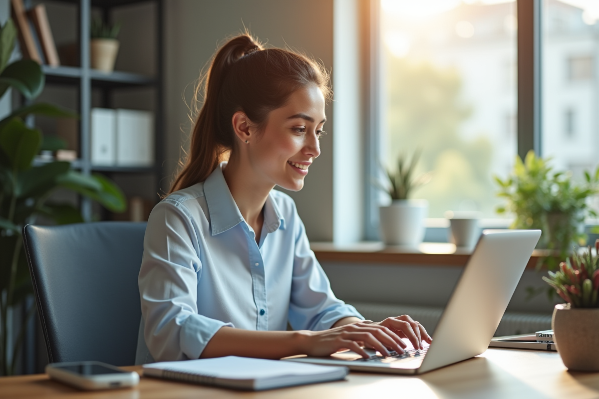 Jeune femme professionnelle créant un compte en ligne sur un ordinateur portable