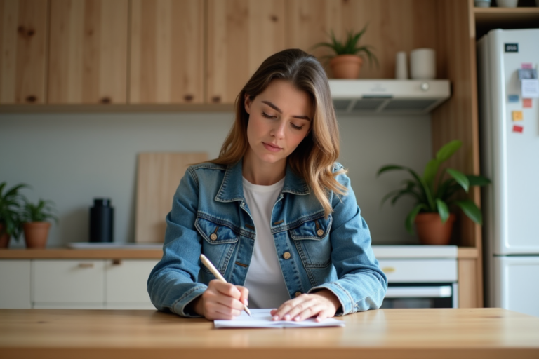 Femme faisant une liste de tâches dans une cuisine moderne