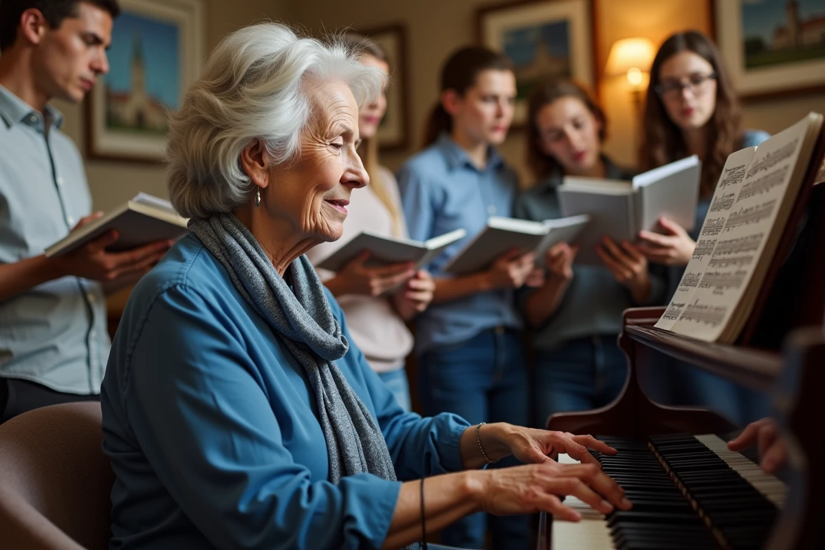 Femme âgée jouant du piano en chantant avec un groupe à Strasbourg