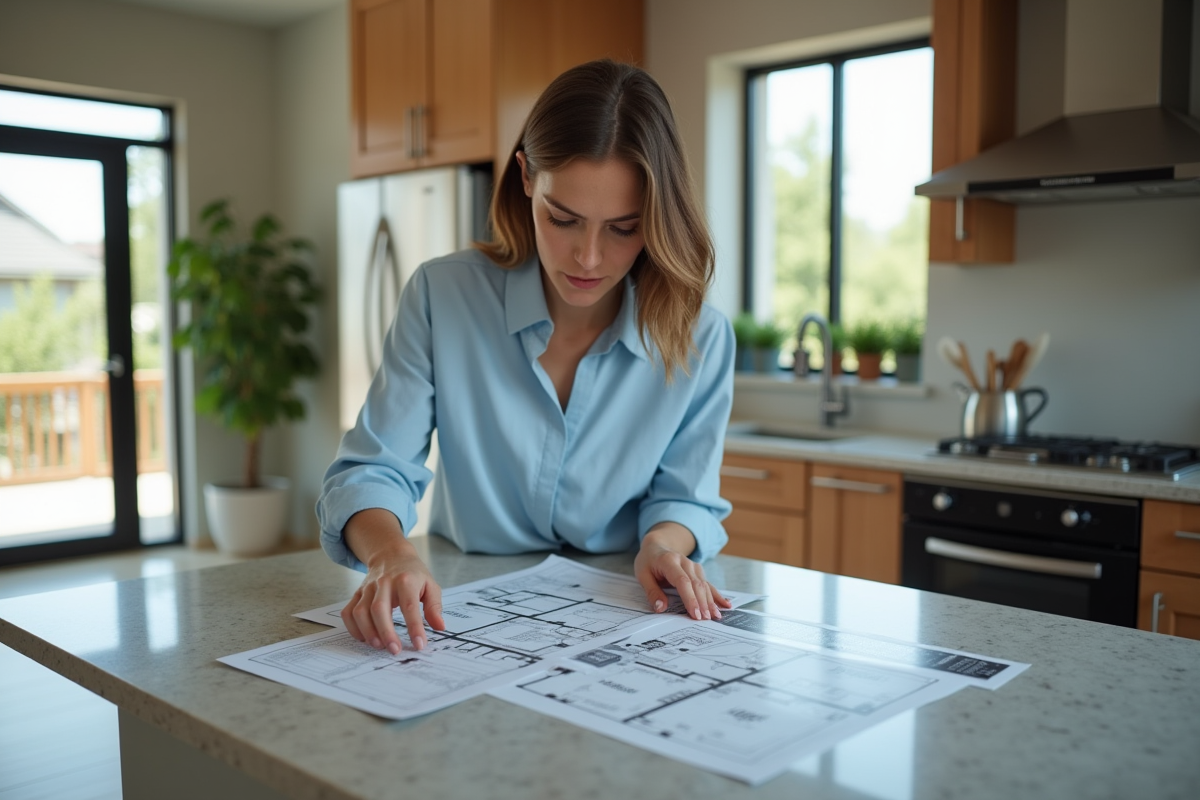 Jeune femme examine plans dans appartement moderne