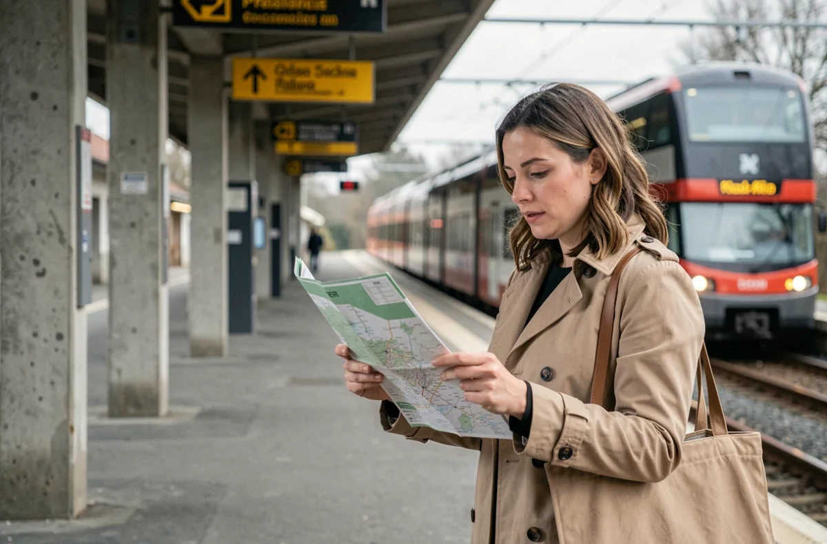 Femme consultant un plan RER sur un quai de banlieue en Île-de-France