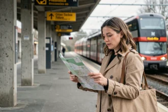 Femme consultant un plan RER sur un quai de banlieue en Île-de-France