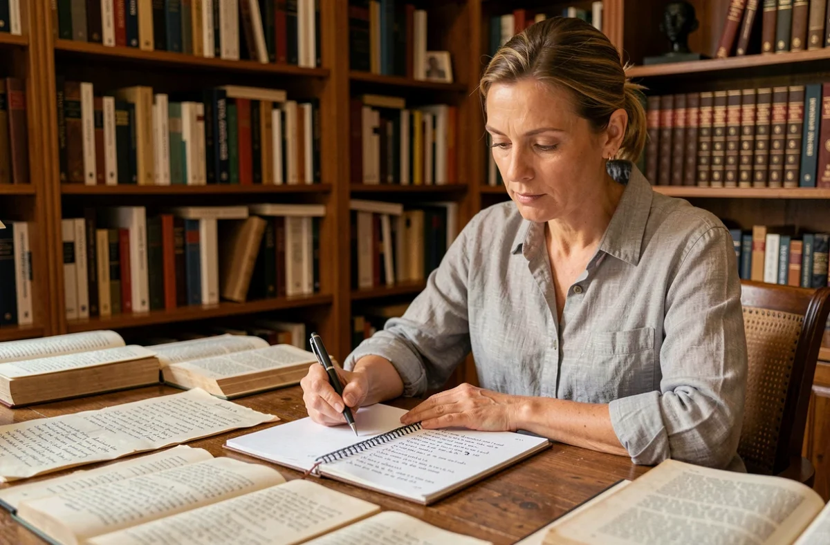 Femme poète écrivant des rimes sur un bureau en bois entouré de livres de phonétique et manuscrits de poésie