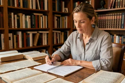 Femme poète écrivant des rimes sur un bureau en bois entouré de livres de phonétique et manuscrits de poésie