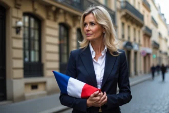 Femme politique française devant un immeuble haussmannien à Paris tenant un drapeau tricolore plié