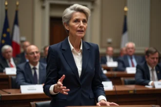 Femme politique française en costume marine à la tribune d'une salle de conférence officielle, expression déterminée et geste éloquent