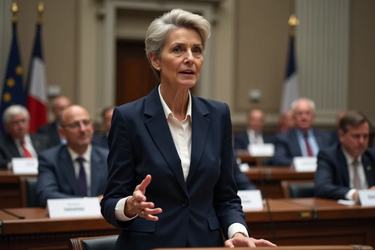 Femme politique française en costume marine à la tribune d'une salle de conférence officielle, expression déterminée et geste éloquent