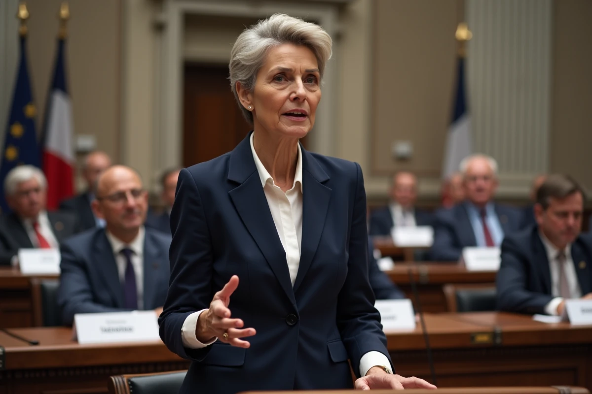 Femme politique française en costume marine à la tribune d'une salle de conférence officielle, expression déterminée et geste éloquent