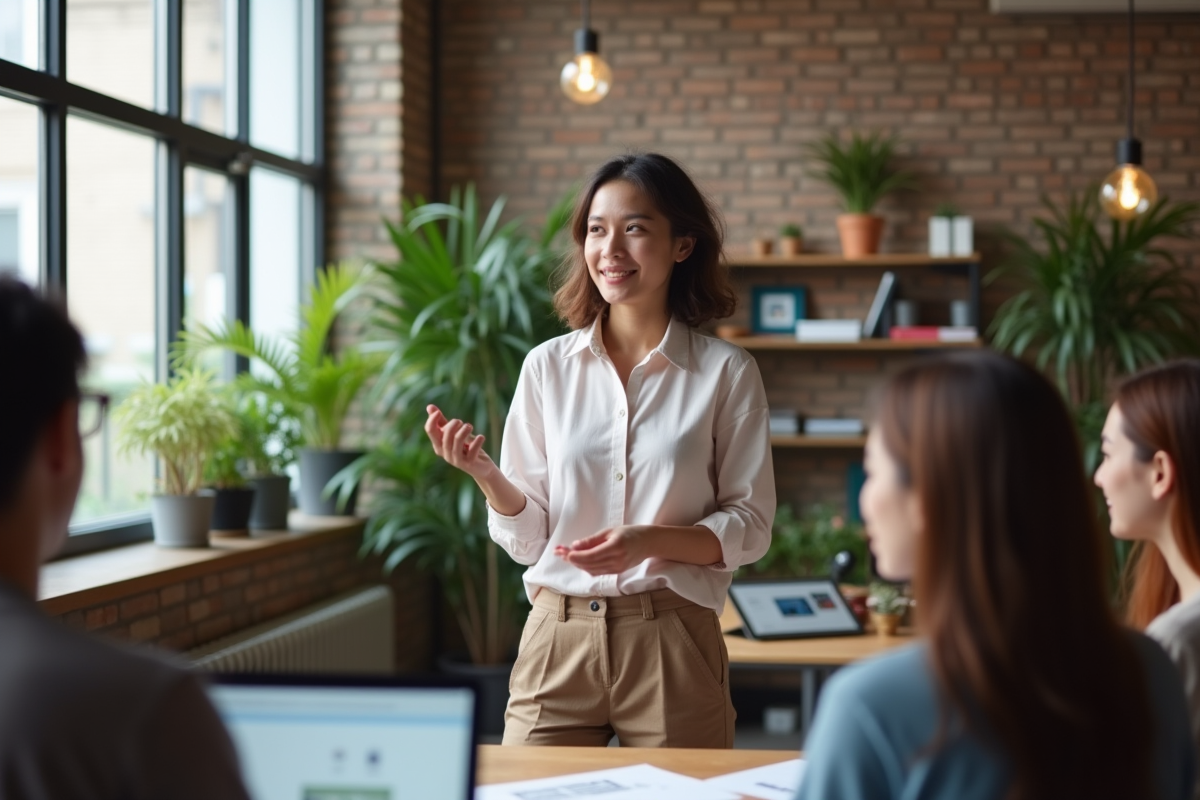 Jeune femme présentant des wireframes UX en coworking