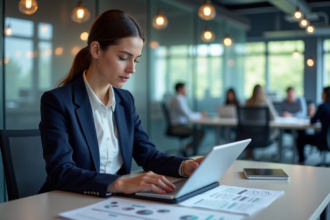 Jeune femme en blazer bleu examine des diagrammes blockchain