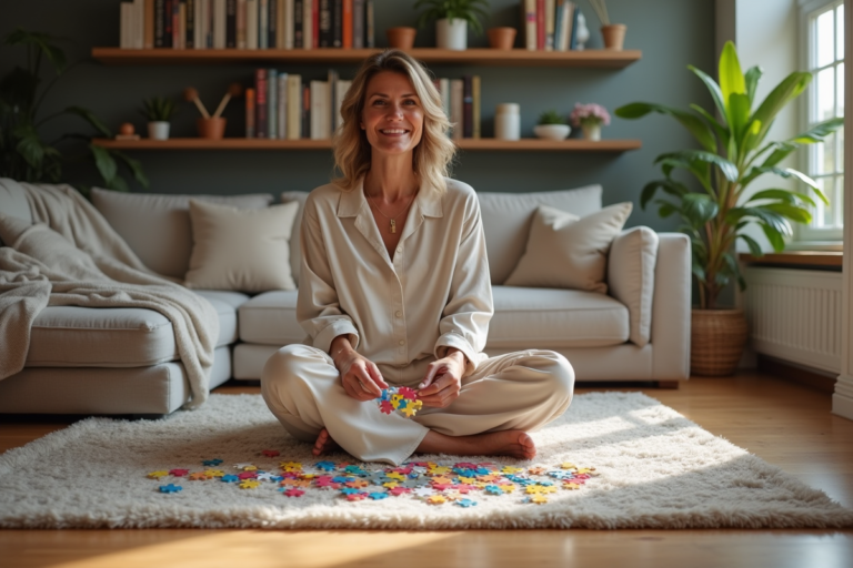 Femme souriante assemble un puzzle dans un salon cosy
