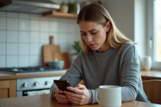 Femme utilisant l'application Vinted sur smartphone pour soumettre une réclamation au service client