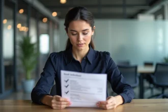 Femme professionnelle relisant une fiche mémo sur la rédaction d'emails dans un bureau moderne