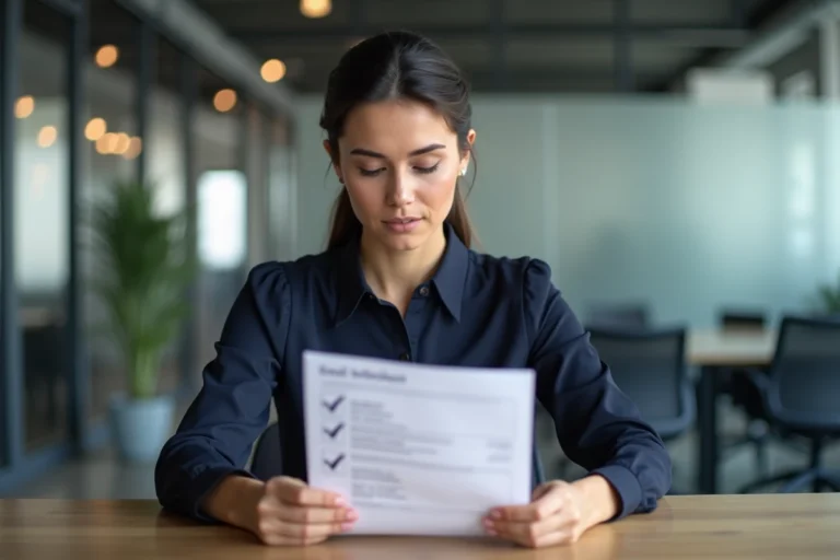 Femme professionnelle relisant une fiche mémo sur la rédaction d'emails dans un bureau moderne