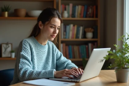 Femme hésitant à écrire 'je t'envoie' ou 'je t'envoi' sur son ordinateur portable dans un bureau à domicile