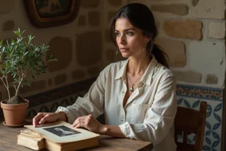 Femme méditerranéenne contemplant une photo de famille