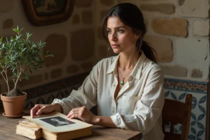 Femme méditerranéenne contemplant une photo de famille