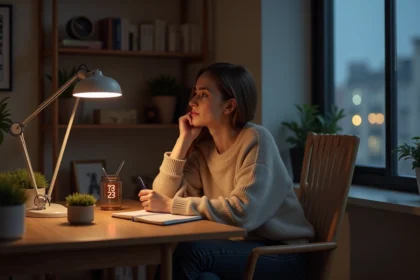 Femme pensante écrivant dans un journal tard le soir