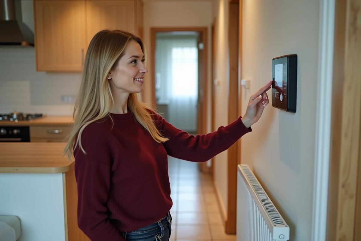 Femme réglant un thermostat programmable pour optimiser sa chaudière fioul à la maison