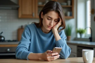 Jeune femme en cuisine résolvant un puzzle sur son smartphone