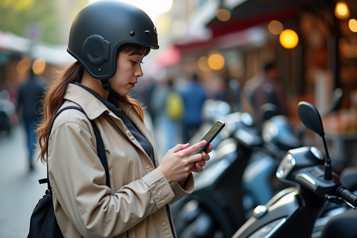 Jeune femme vérifiant un scooter dans un marché en plein air