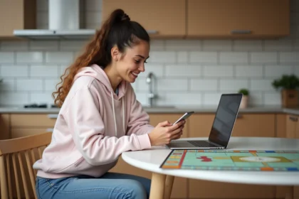 Jeune femme en jeans et hoodie pastel utilisant son smartphone dans la cuisine
