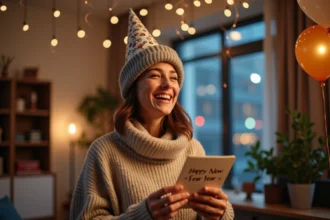 Femme souriante avec chapeau de fête et carte de voeux