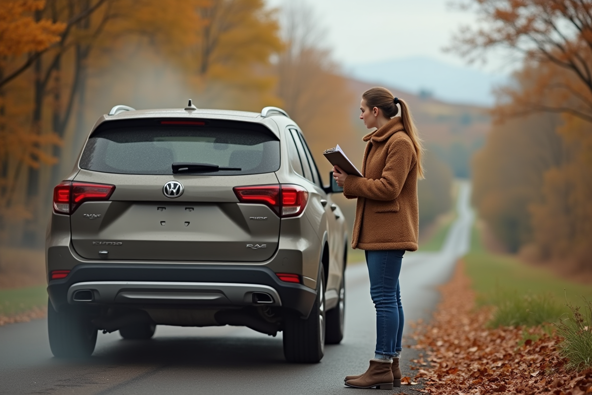 Jeune femme inspectant un SUV au bord de la route