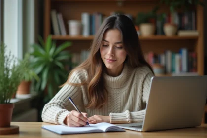 Jeune femme concentrée à son bureau à la maison