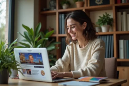 Femme assise à son bureau à la maison regardant un site d'actualités