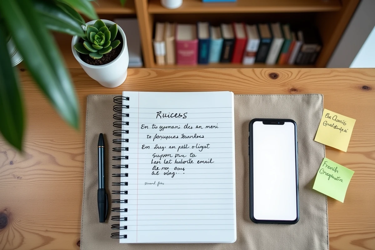 Flat lay d'un bureau avec carnet de notes et smartphone affichant les règles de rédaction d'emails professionnels