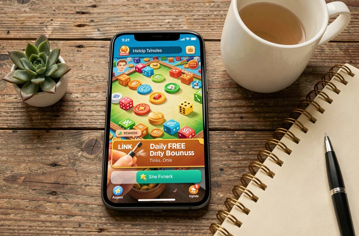 Vue aérienne d'un smartphone affichant une application de jeu Monopoly avec des dés gratuits sur une table en bois