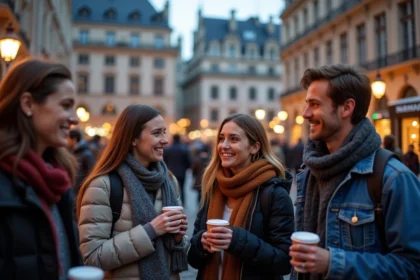 Foule de personnes rassemblées sur une place pavée de Lille avant le feu d'artifice 2026, ambiance festive en centre-ville