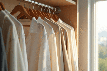 Garde-robe minimaliste avec vêtements neutres sur bois