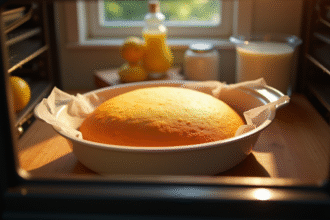 Gâteau éponge doré en cuisson dans un plat en verre