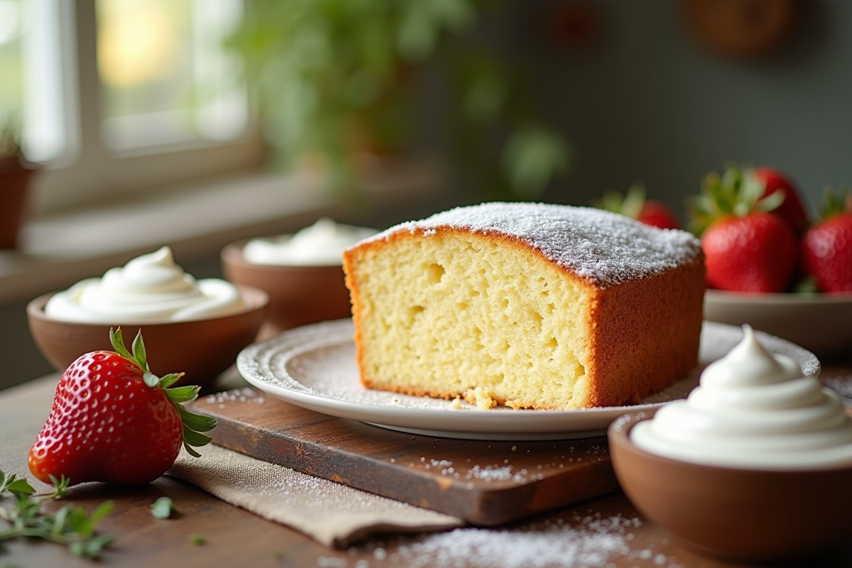 Gâteau moelleux sans levure entouré d œufs battus et fruits frais