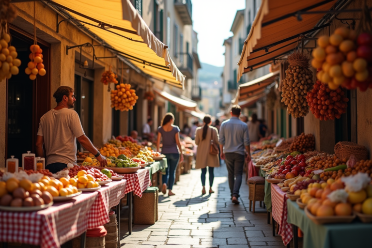 Dégustation de spécialités corses dans un marché local animé